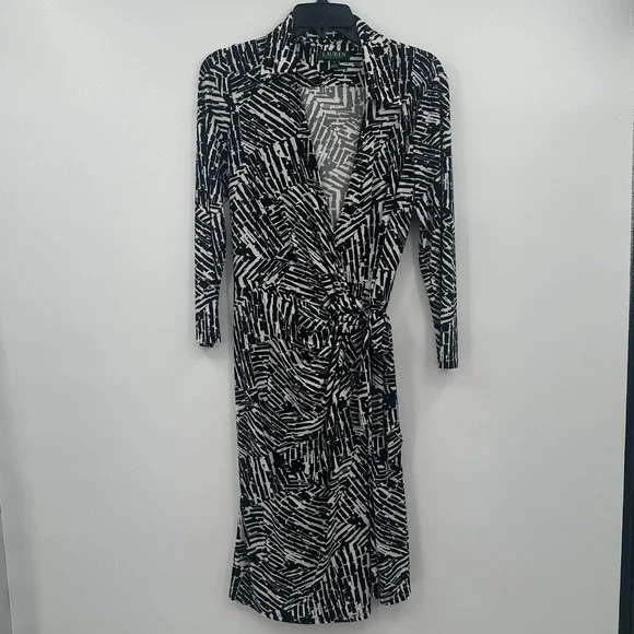Lauren Ralph Lauren Women's Collared Long Sleeve Wrap Dress in Black/White Print - Picture 1 of 5